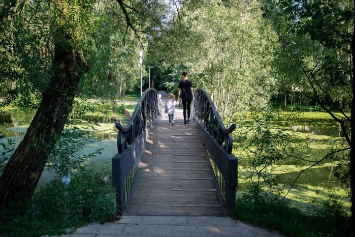 Живописный мост в летнем парке культуры и отдыха «Свердловский» в Лосино-Петровском округе