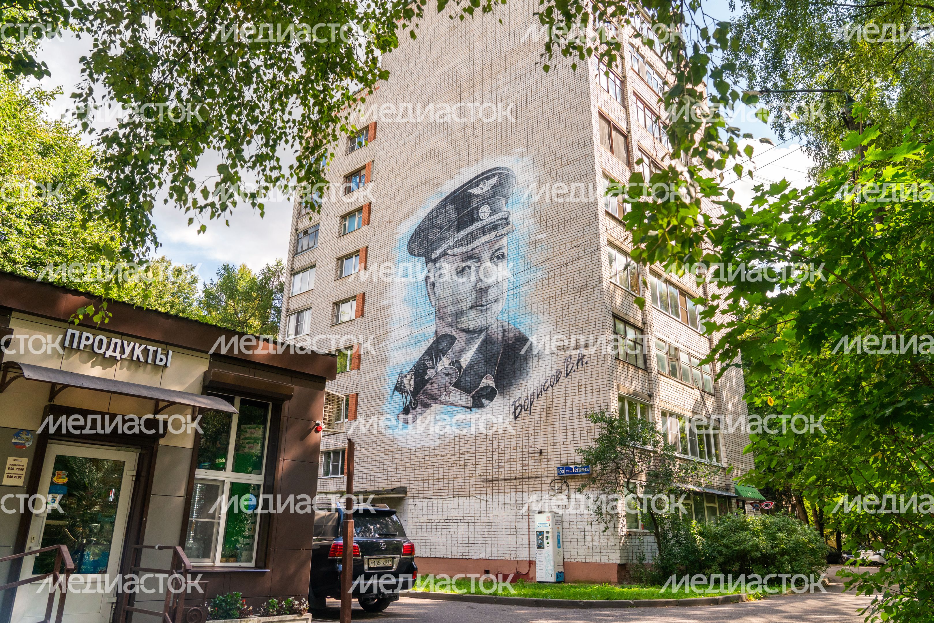 Мурал с портретом летчика Василия Борисова на фасаде дома 45А по улице Ленина в Лобне