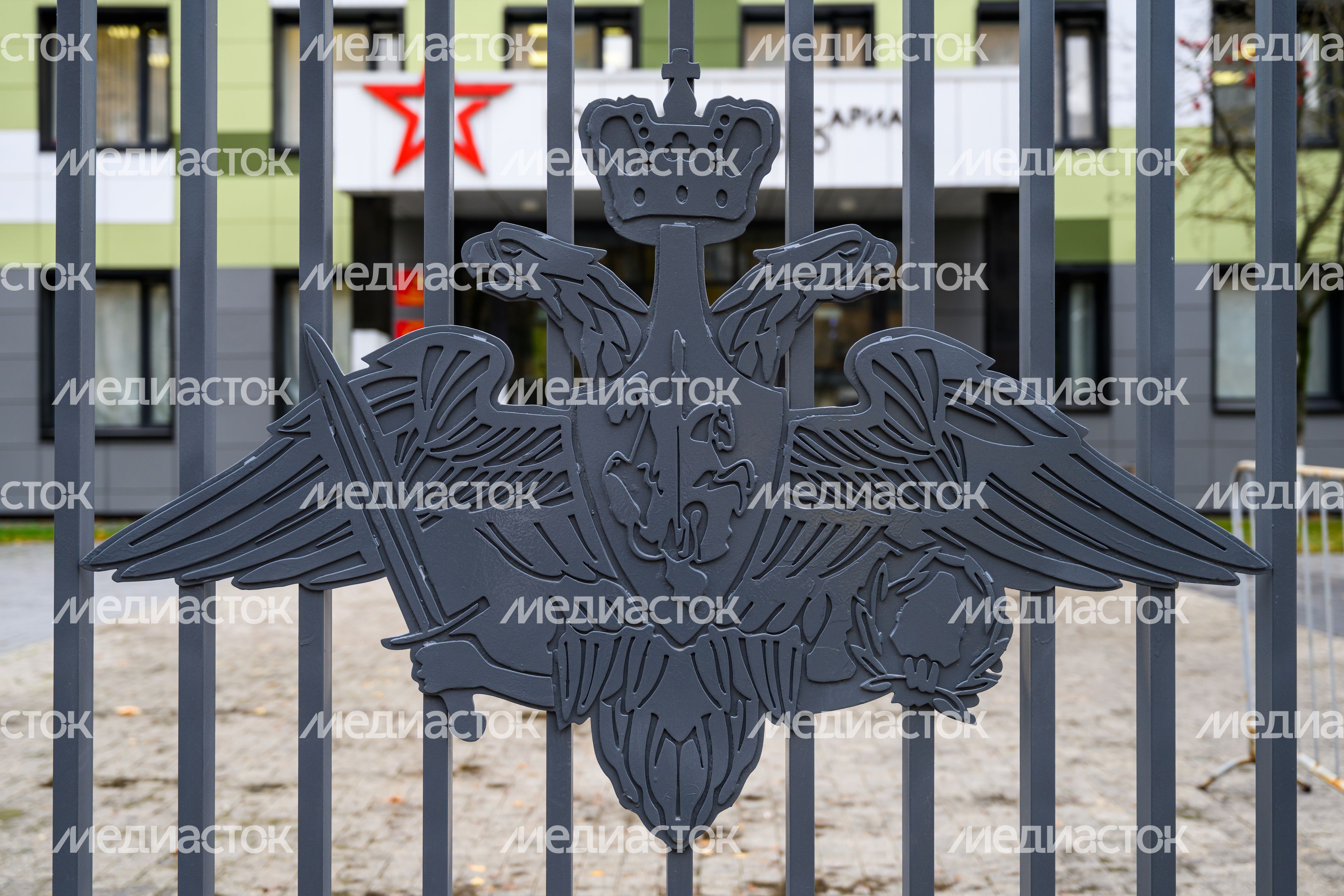 Герб России на ограде военкомата Московской области Герб России на ограде военкомата Московской области