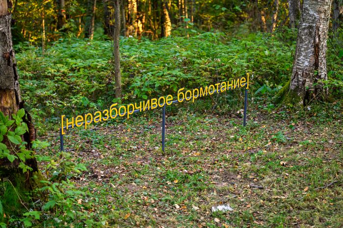 Арт-объект «Субтитры» дуэта «Мишмаш» в парке Малевича Одинцовского округа осенью