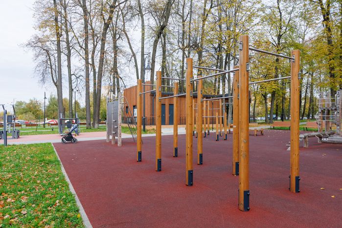 Спортивная площадка с турниками в парке «Киово» в Лобне осенью