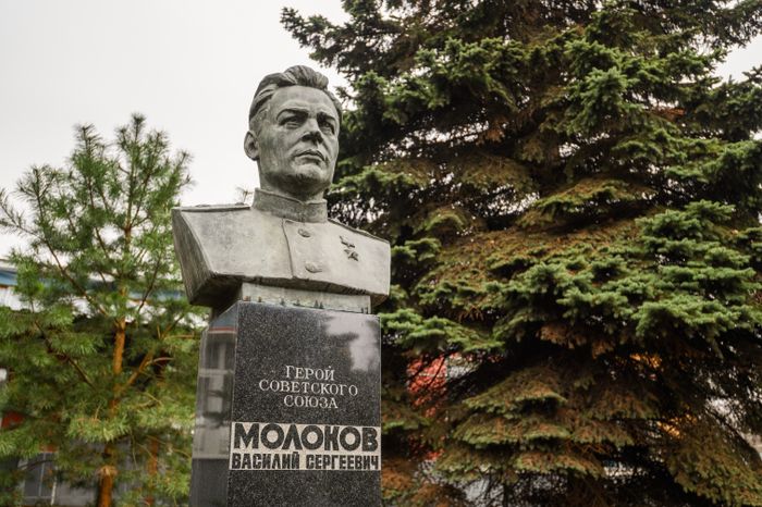 Бюст Героя Советского Союза  Василия Сергеевича Молокова у Молоковской школы в Ленинском округе
