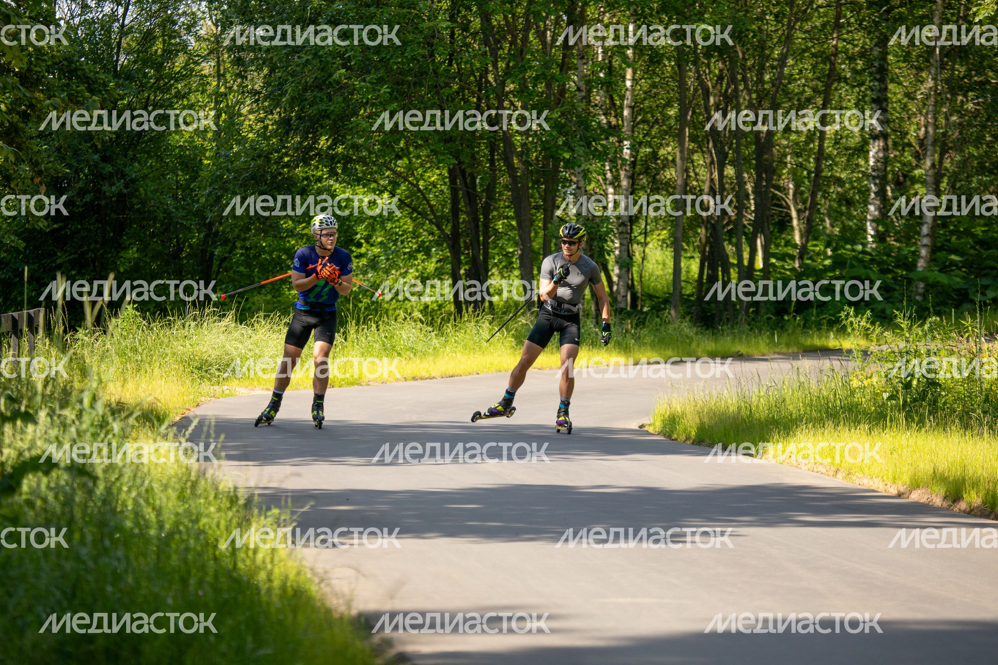 Спортсмены на лыжероллерной трассе в лесопарке «Волкуша» в Лыткарино Спортсмены на лыжероллерной трассе в лесопарке «Волкуша» в Лыткарино