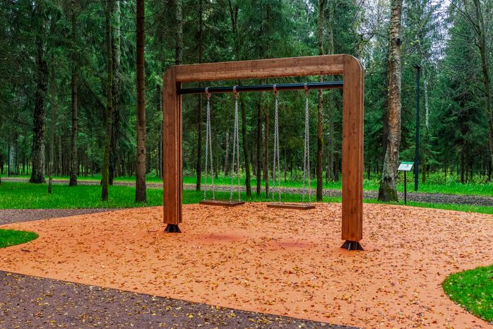 Качели в новом лесопарке «Соколиная гора» в Истре осенью