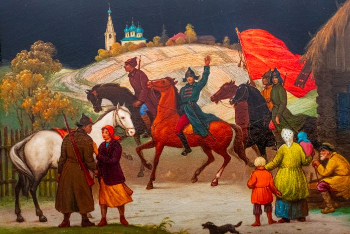 Федоскинская лаковая миниатюра живописи на выставке «Федоскино: где живет душа» в музее «Новый Иерусалим» города Истра