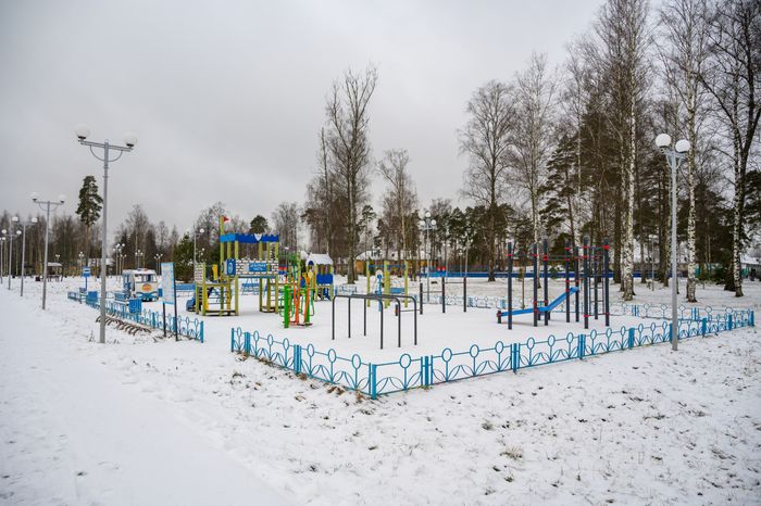 Детская площадка в городском парке культуры и отдыха Электрогорска Павлово-Посадского округа зимой