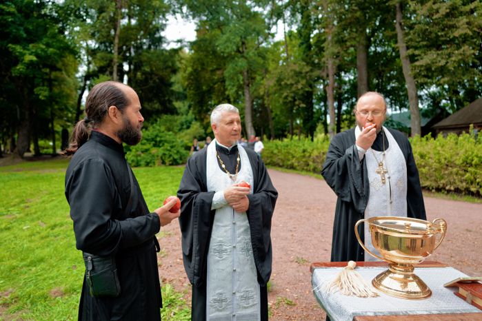 Священник освятил яблоки на фестивале народных традиций «Три Спаса в Мелихове»