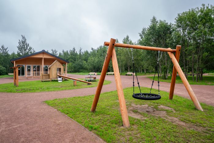 Детская площадка с качелями в лесопарке «Талицкий лес» летом в Клину