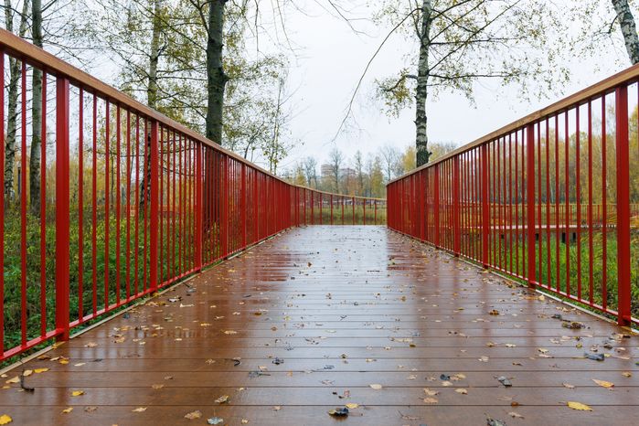 Пешеходный мост через реку в городском парке культуры и отдыха г. Ивантеевка осенью