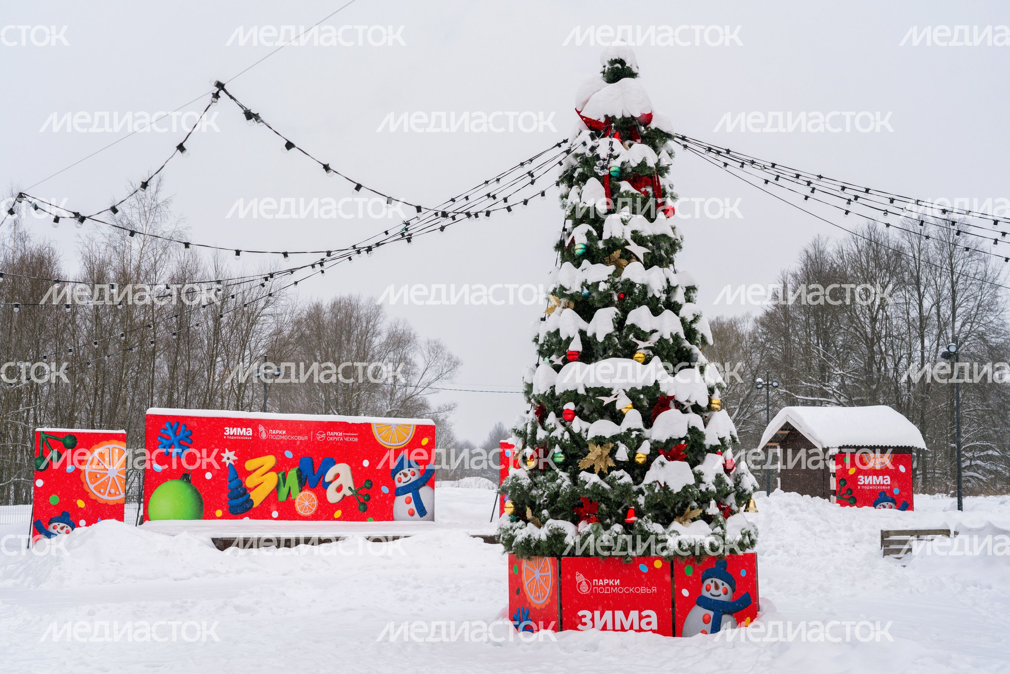Новогоднее украшение городского парка культуры и отдыха Чехова зимой Новогоднее украшение городского парка культуры и отдыха Чехова зимой