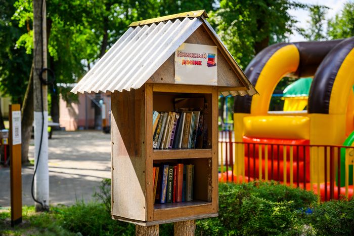 Библиотека под открытым небом в виде книжного домика в городском парке культуры и отдыха «Пегас» в Егорьевске