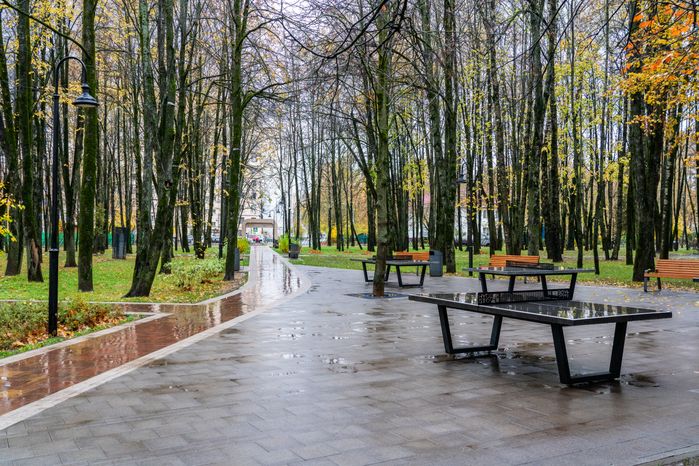 Спортивная площадка с теннисным столом в городском парке «Гучково» в Дедовске осенью