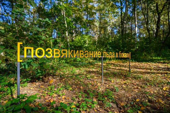 Арт-объект «Субтитры» группы «МишМаш» в парке Малевича Одинцовского округа осенью