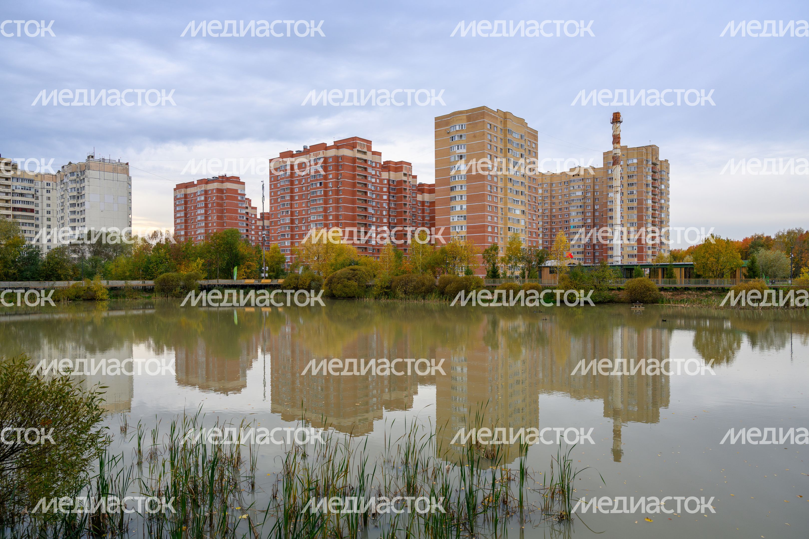 Благоустроенная набережная пруда в лесопарке «Спутник» города Щелково осенью Благоустроенная набережная пруда в лесопарке «Спутник» города Щелково осенью