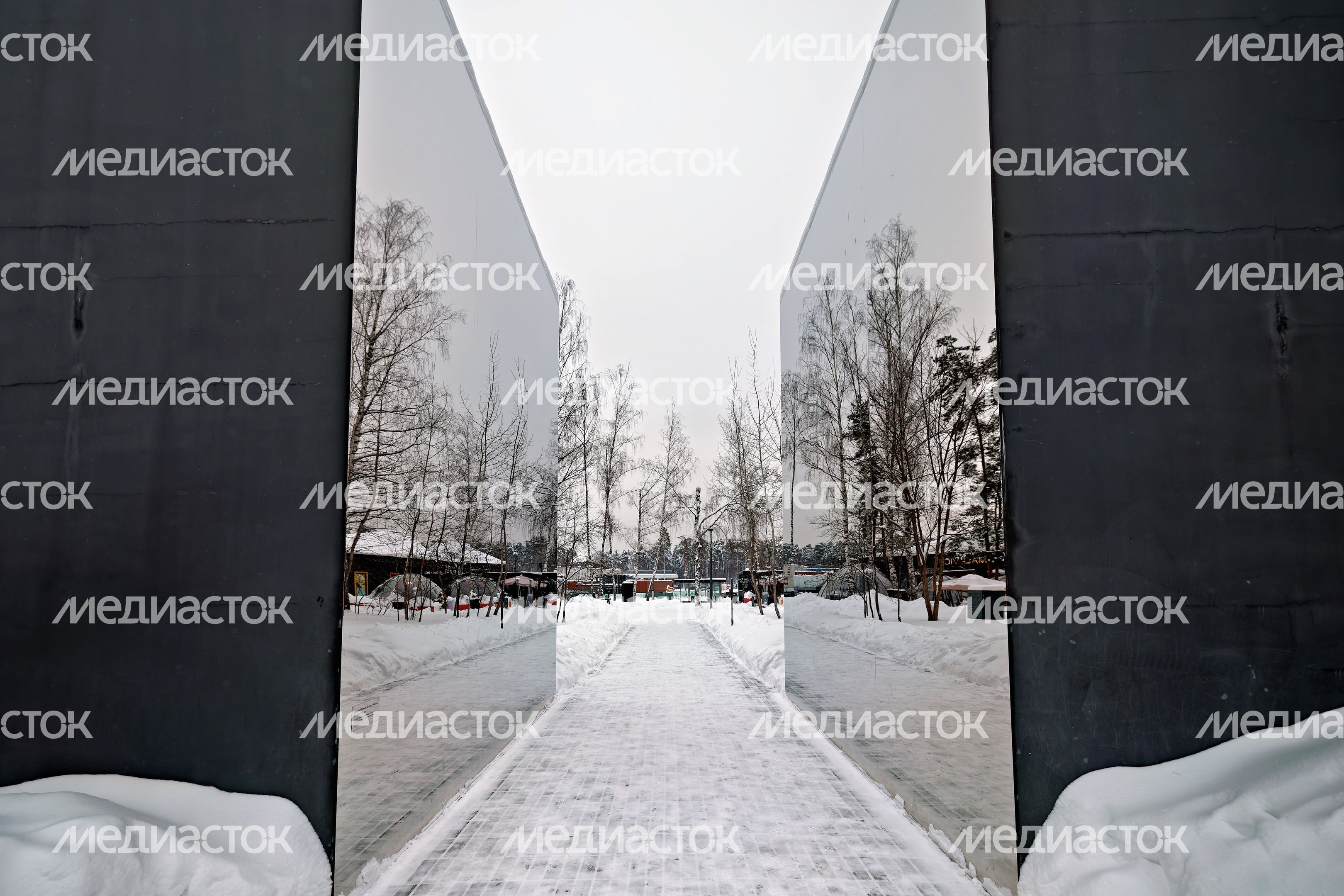 Зеркальные ворота в парк Малевича Одинцовского округа зимой Зеркальные ворота в парк Малевича Одинцовского округа зимой