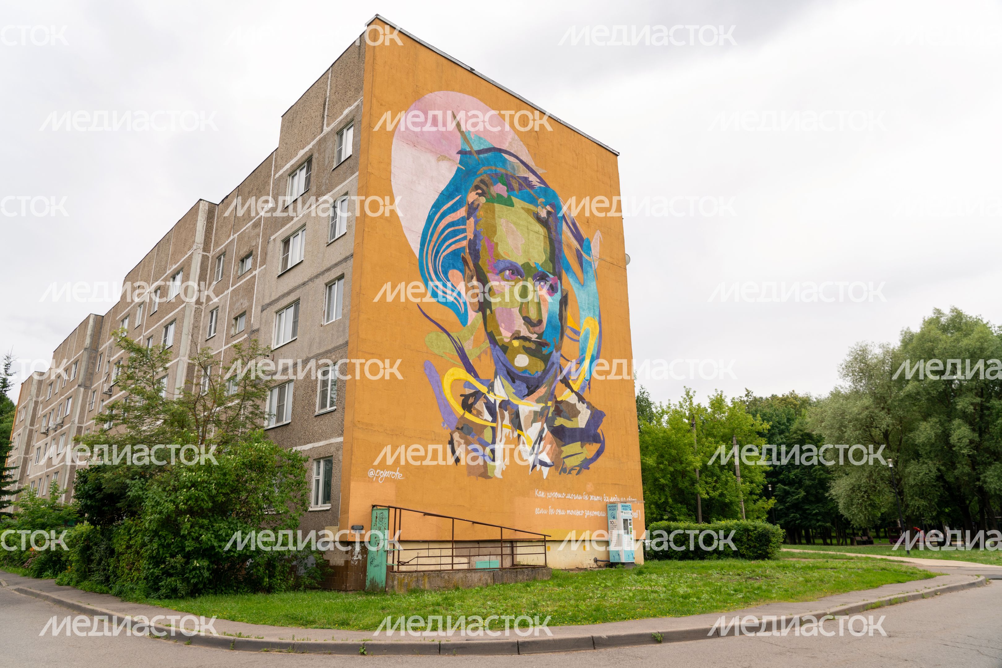 Мурал с портретом советского писателя Александра Фадеева на фасаде пятиэтажки в Апрелевке Наро-Фоминского округа