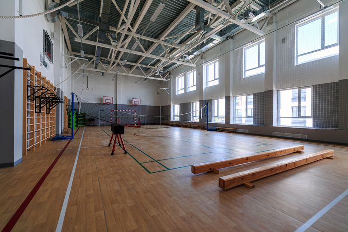Спортивный зал в новой школе ЖК «Пригород Лесное» в Видном Ленинского округа