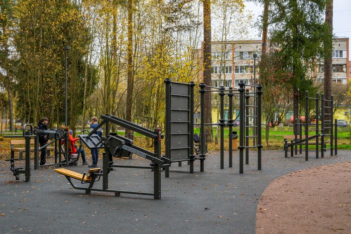Спортивная площадка в лесопарке «Банный лес» в Красноармейске осенью