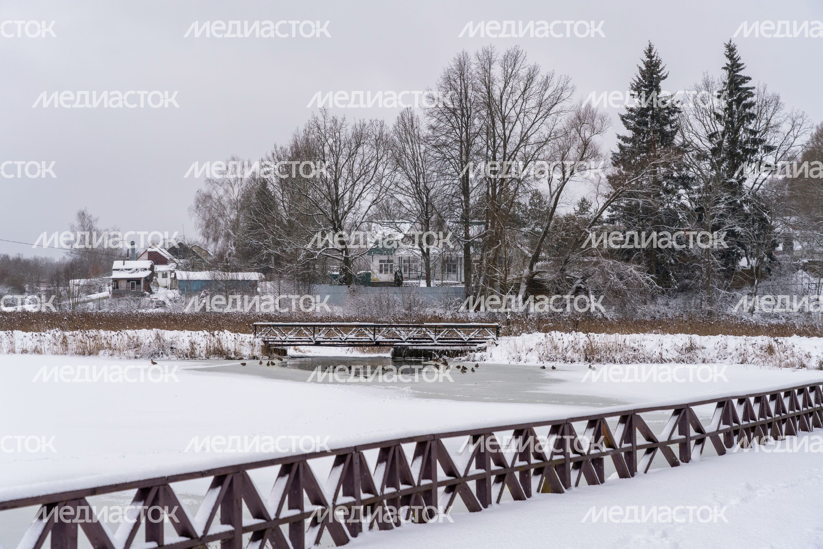 Мост через Холодный пруд в Высоковском городском парке культуры и отдыха «Березовый» в округе Клин зимой Мост через Холодный пруд в Высоковском городском парке культуры и отдыха «Березовый» в округе Клин зимой
