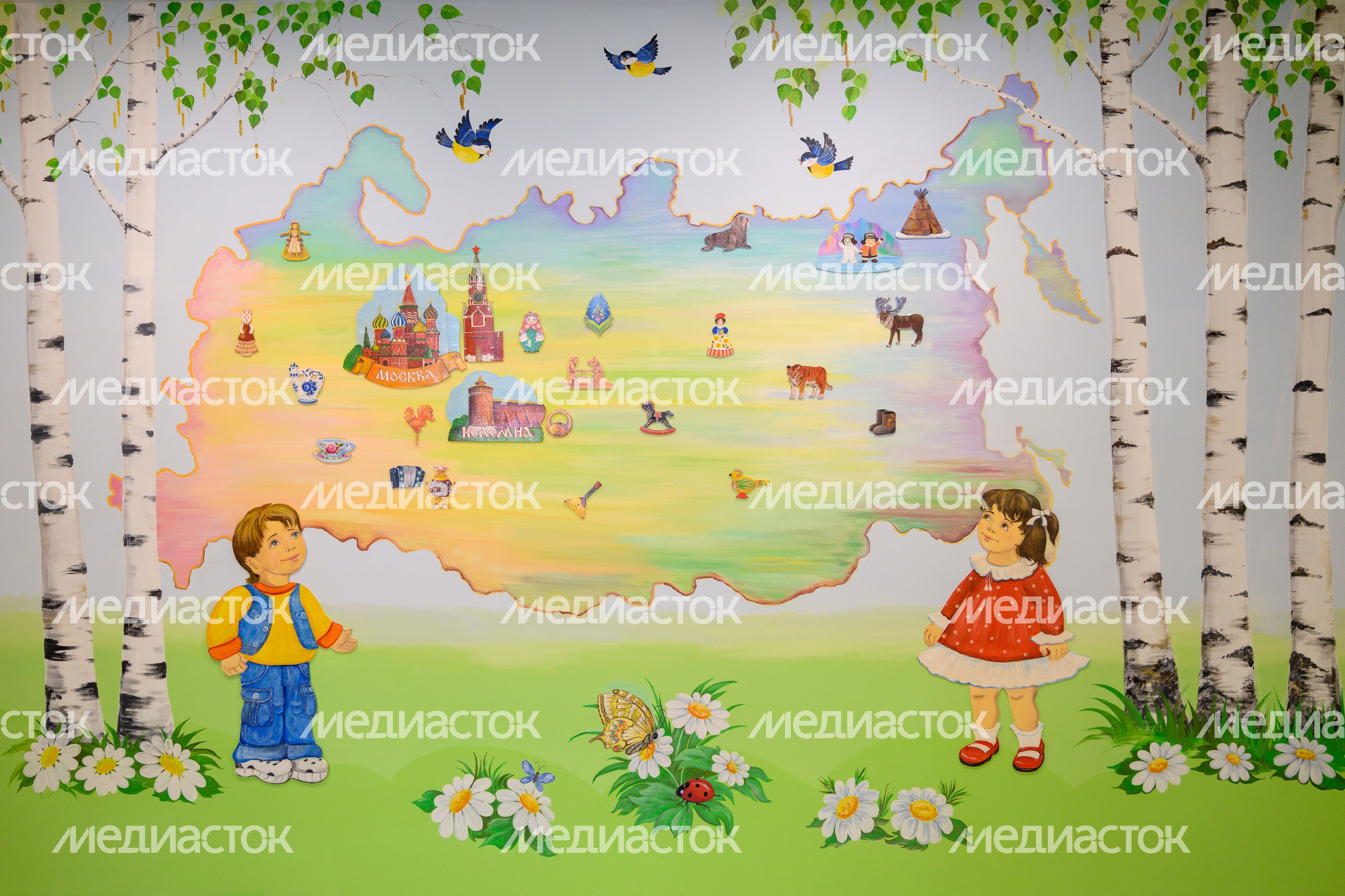 Роспись стен в коридоре нового детского сада «Синички» школы №14 в ЖК «Подлипки город» Коломны Роспись стен в коридоре нового детского сада «Синички» школы №14 в ЖК «Подлипки город» Коломны