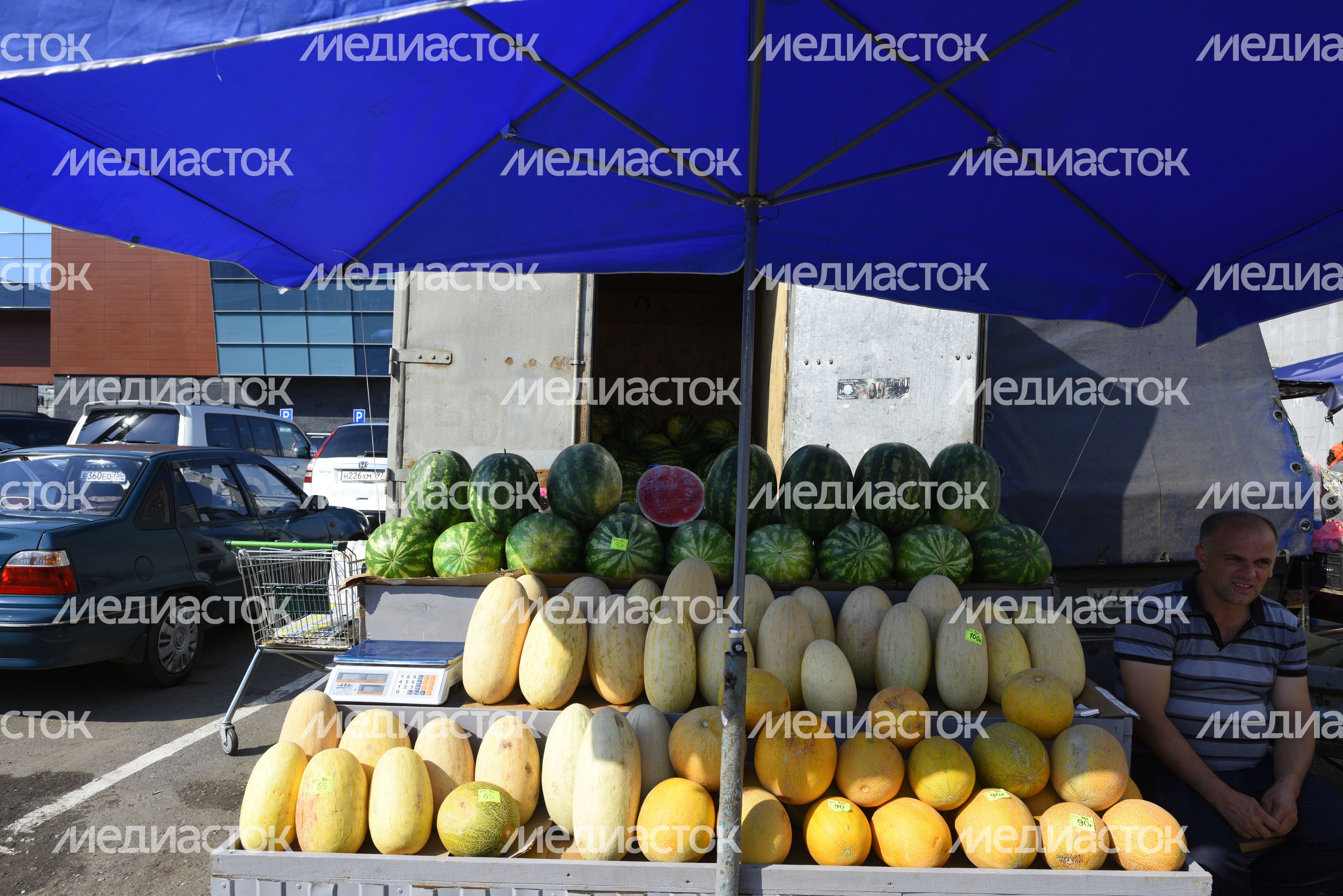 Торговля арбузами и дынями на рынке в Москве Торговля арбузами и дынями на рынке в Москве