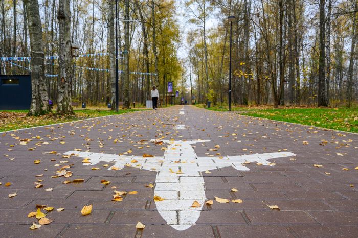 Дорожка с самолетом в парке «Взлет» города Домодедово осенью