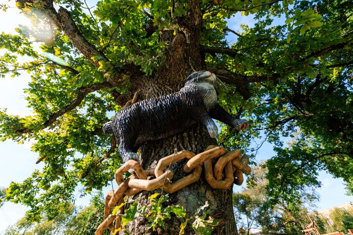 Кот ученый на дубе в сказочном парке «Лукоморье» в Рузе летом