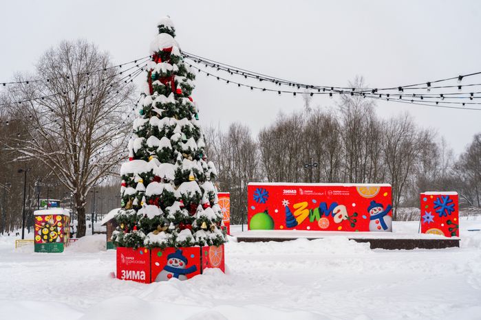 Новогоднее украшение центральной площадки в городском парке культуры и отдыха Чехова зимой