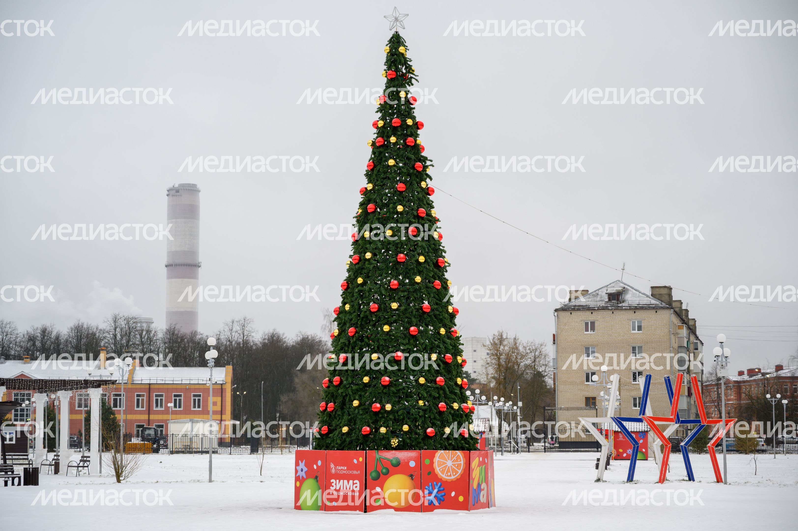 Новогодняя елка в городском парке культуры и отдыха Электрогорска Павлово-Посадского округа зимой Новогодняя елка в городском парке культуры и отдыха Электрогорска Павлово-Посадского округа зимой