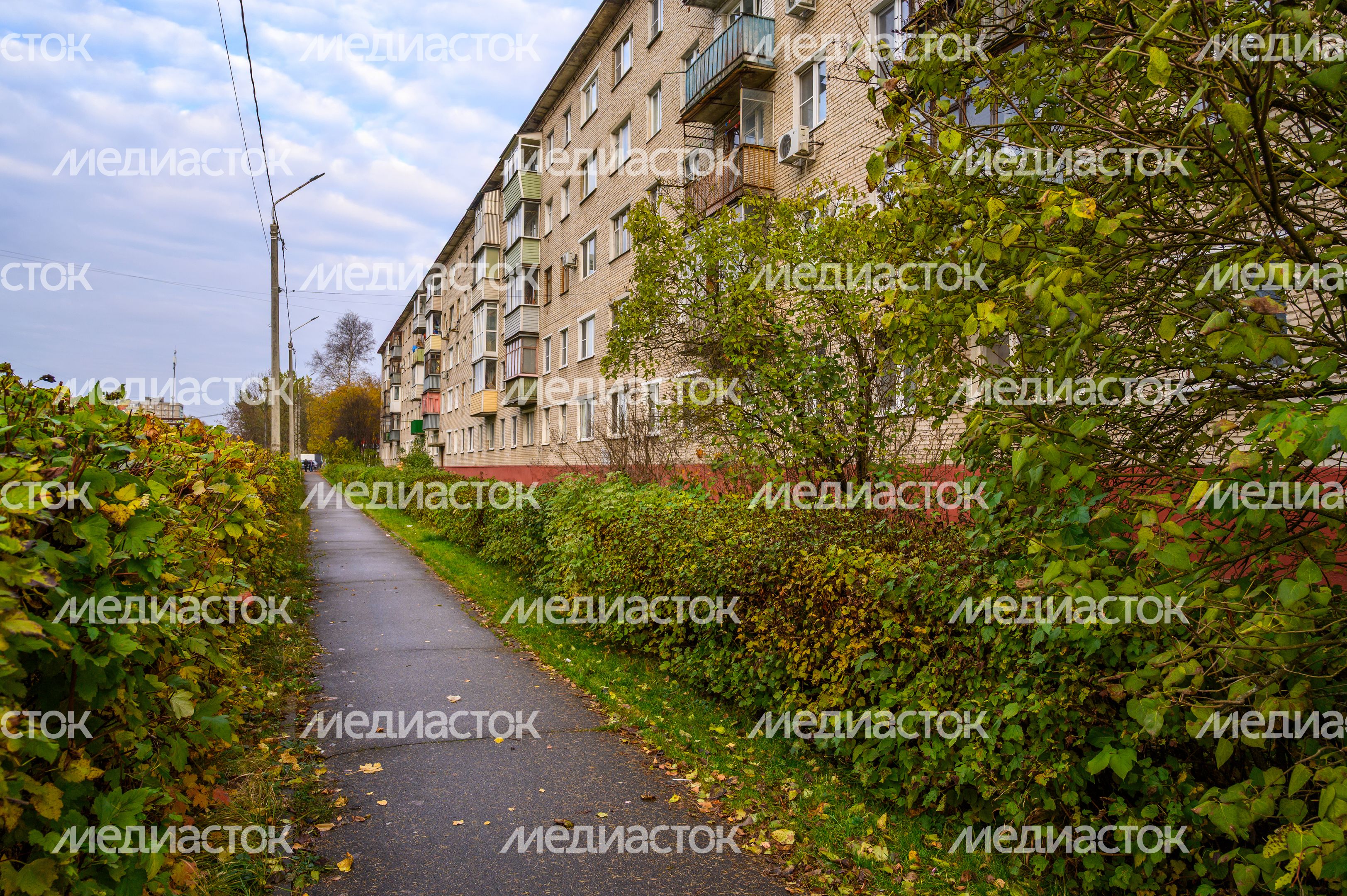 Многоквартирный дом в микрорайоне Авиационный в Домодедово осенью Многоквартирный дом в микрорайоне Авиационный в Домодедово осенью
