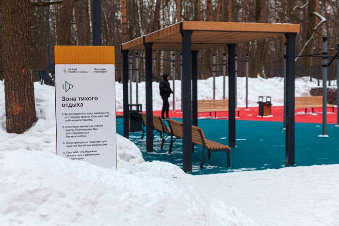 Зона тихого отдыха в Томилинском лесопарке зимой в городе Дзержинский округа Люберцы