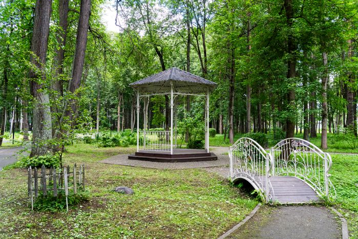 Беседка и живописный мост в Центральном парке имени В.В. Воровского в Наро-Фоминске летом