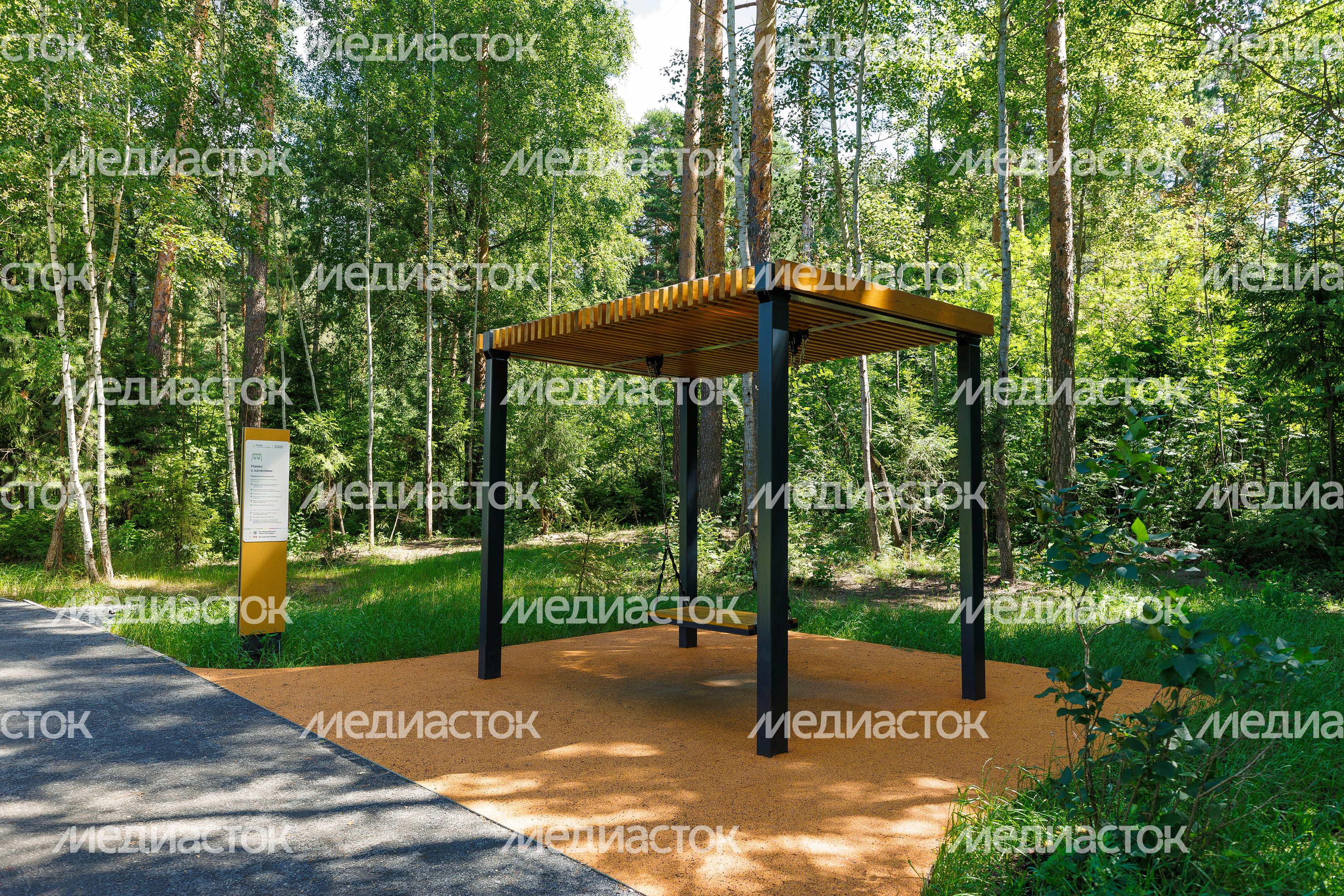 Качели на набережной у пруда в лесопарке «Стрелки» города Орехово-Зуево