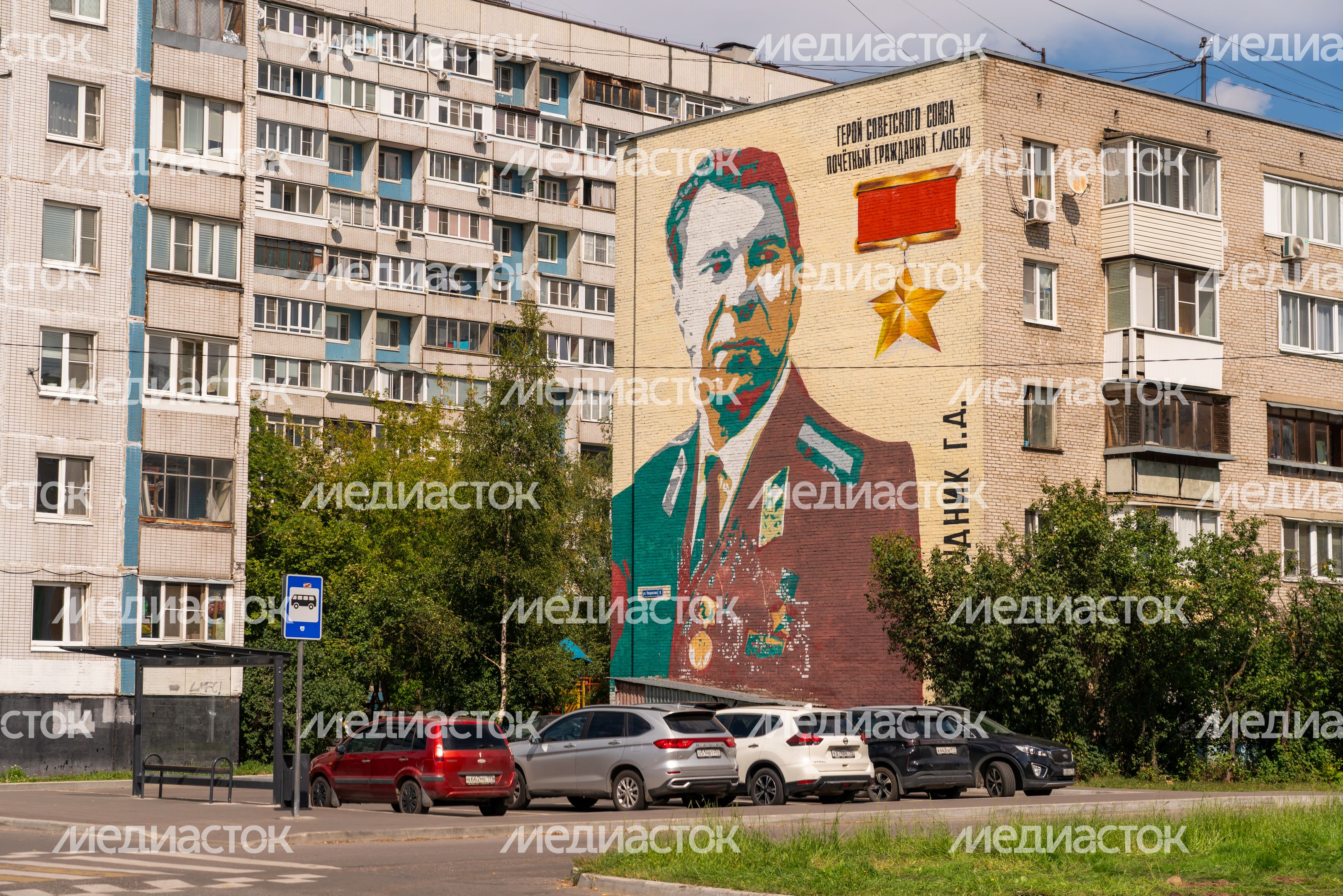 Мурал с портретом Героя Советского Союза Гавриила Будника на фасаде дома 5 по улице Некрасова в Лобне