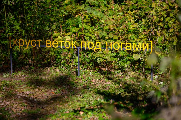 Арт-объект «Субтитры» группы «МишМаш» в парке Малевича Одинцовского округа осенью