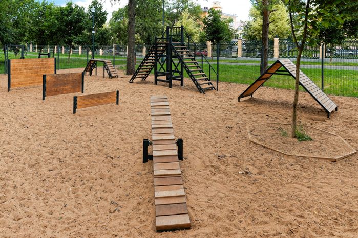 Площадка для выгула животных в парке Мира в Коломне летом