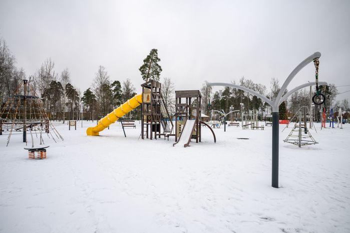 Детская площадка в городском парке культуры и отдыха Электрогорска Павлово-Посадского округа зимой