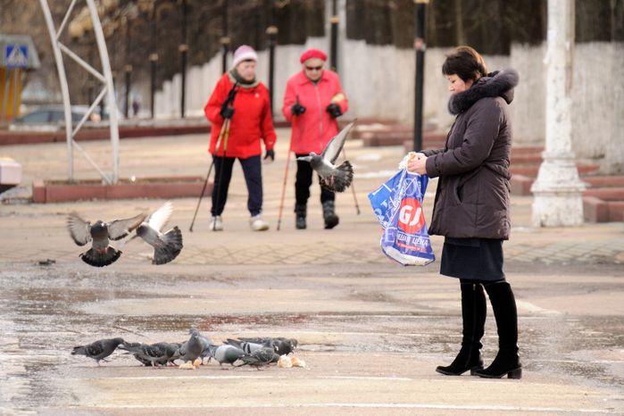 Женщина кормит голубей в Ступино