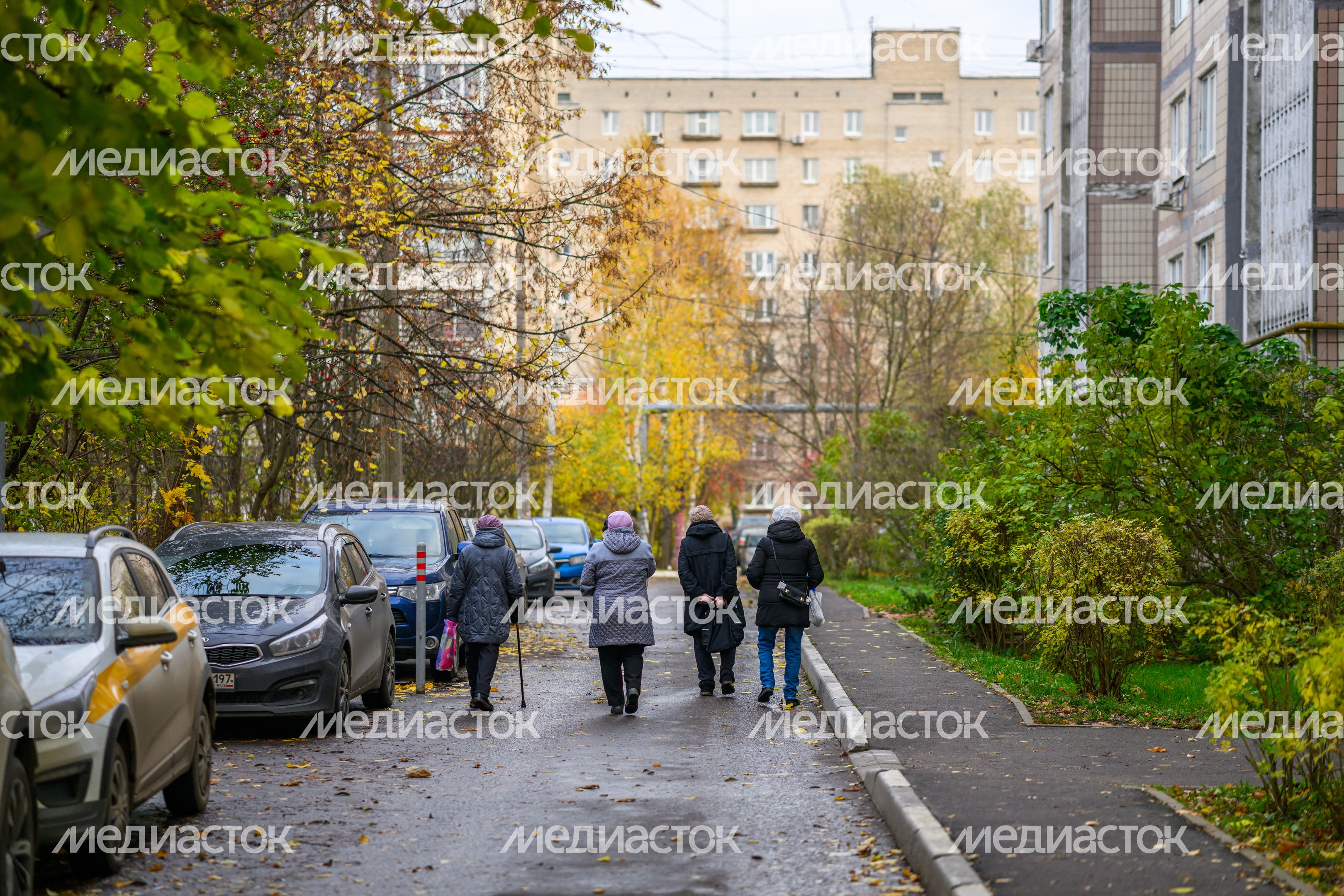 Двор многоквартирного дома в микрорайоне Авиационный Домодедово осенью Двор многоквартирного дома в микрорайоне Авиационный Домодедово осенью