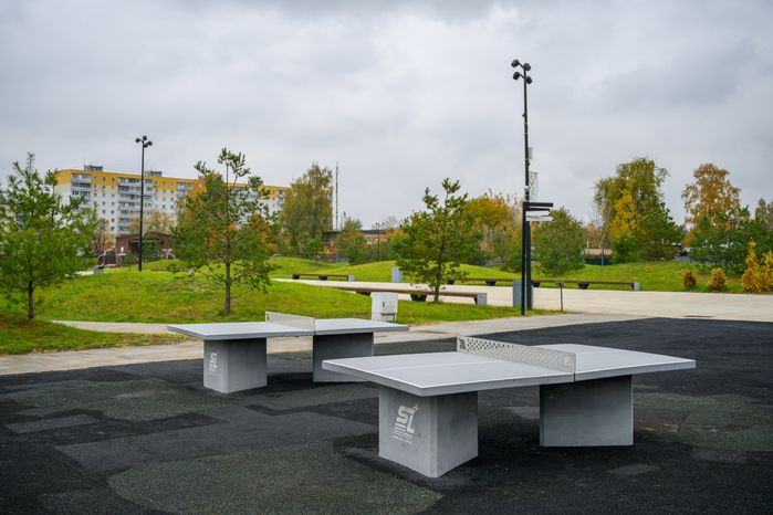 Стол для игры в настольный теннис в парке культуры и отдыха «Дулевский» в Ликино-Дулево осенью