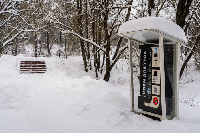 Автомат с кормом для уток в городском парке культуры и отдыха Чехова зимой