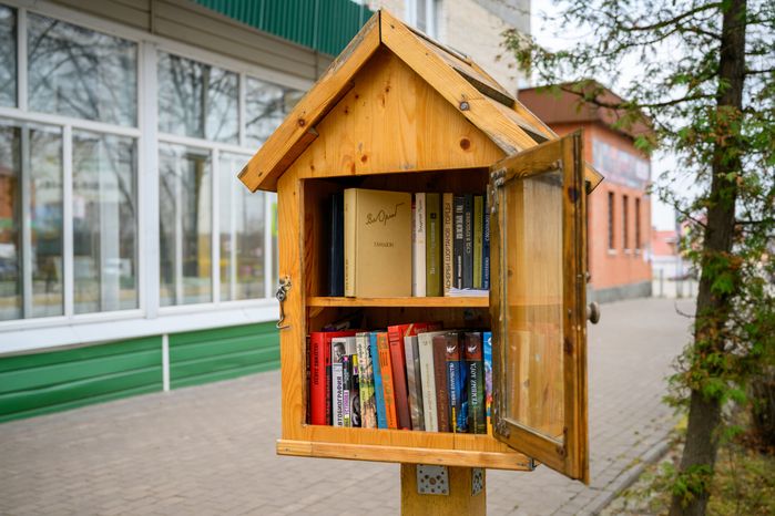 Домик с книгами буккроссинга возле обновленной библиотеки имени И.И. Морозова в Луховицах