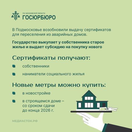 Выдача сертификатов на переезд из аварийного жилья в Московской области квадрат 02